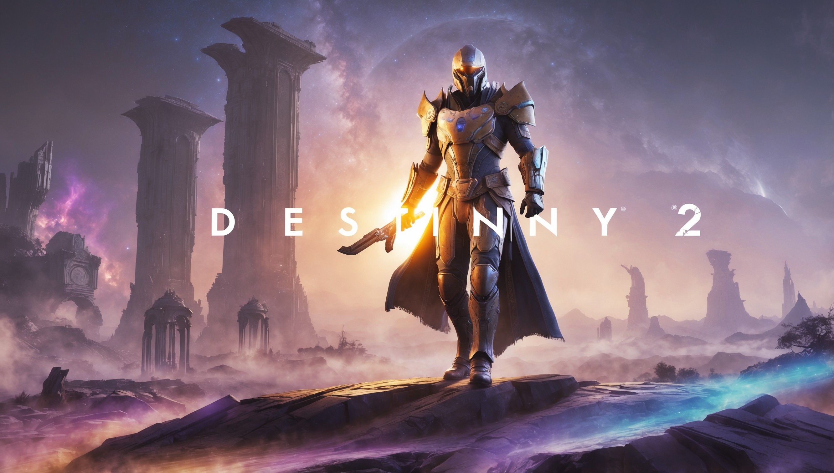 A futuristic, celestial landscape set in the Destiny 2 universe, with a prominent Guardian warrior, clad in ornate armor, standing heroically in the foreground, bathed in a warm, golden light, with a subtle, ethereal glow surrounding their body, against a backdrop of towering, ancient structures and a sprawling, atmospheric nebula, with vibrant shades of purple, blue, and orange, and subtle, gradient-like transitions between colors, evoking a sense of wonder and adventure, with the Guardians' facial features reflecting determination and courage, and the Destiny 2 logo, in a stylized, metallic font, emblazoned on the armor, in a prominent, yet unobtrusive manner.