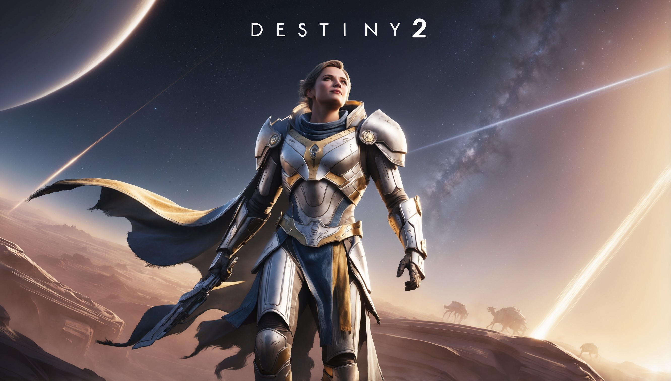 A vivid, high-energy illustration of the Destiny 2 universe, set against a starry, cosmic backdrop with a warm, golden light emanating from the horizon, evoking a sense of adventure and exploration. In the foreground, a gallant Guardian, clad in majestic armor with intricate details and a flowing cape, stands tall, gazing upward with determination and courage, their facial features strong and resolute, with a subtle, heroic smile. The armor is a rich, metallic silver, adorned with golden accents and a hint of blue, with a subtle glow emanating from the chest piece. The overall aesthetic is a blend of sci-fi and fantasy, with bold lines, dynamic textures, and a focus on dramatic lighting and shading. In the distance, subtle hints of planetary landscapes and ancient alien architecture blur into the background, with a few streaks of light and energy arcing across the sky.