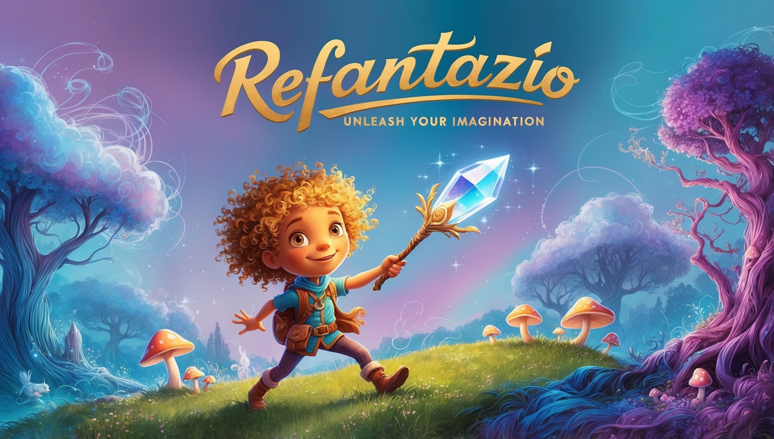 A vibrant, whimsical illustration capturing the essence of the ReFantazio game, set against a dreamy, gradient blue and purple background that evokes a sense of wonder and magic. The central figure is a youthful, curious adventurer with bright, inquisitive eyes, soft, golden skin, and wild, curly hair that matches the colors of the background. They hold a glowing, crystal-tipped wand, surrounded by swirling clouds of iridescent mist and delicate, shimmering starlight. The landscape is dotted with fantastical elements: glowing mushrooms, ancient trees, and wispy, ethereal creatures that blend seamlessly into the environment. The overall style is reminiscent of classic fantasy literature, with bold lines, delicate textures, and intricate details that invite the viewer to step into the world of ReFantazio. The title of the game, 