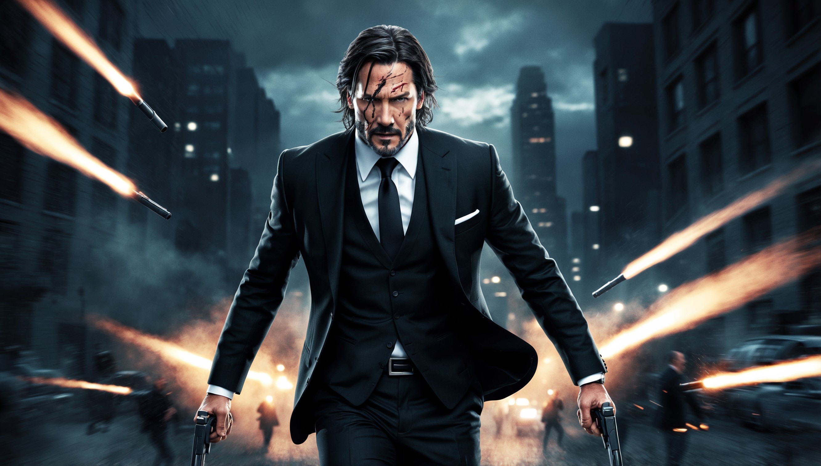 A gritty, high-contrast, action-packed image inspired by the John Wick movie franchise, set against a dark, moody urban backdrop at dusk or dawn, with John Wick, a brooding, ruggedly handsome man in his mid-40s with a strong jawline, piercing brown eyes, and a distinctive silver hair streak, standing defiantly in the center, dressed in a sleek black suit, white shirt, and black tie, his face battered and bruised, with a hint of determination and revenge in his eyes, surrounded by the eerie glow of city lights, smoke, and muzzle flashes, with a blurred, dynamic motion effect suggesting intense action and violence, in a cinematic widescreen format with a shallow depth of field, emphasizing John Wick's imposing figure, while the background is a dark, muted grey-blue, evoking a sense of foreboding and danger.