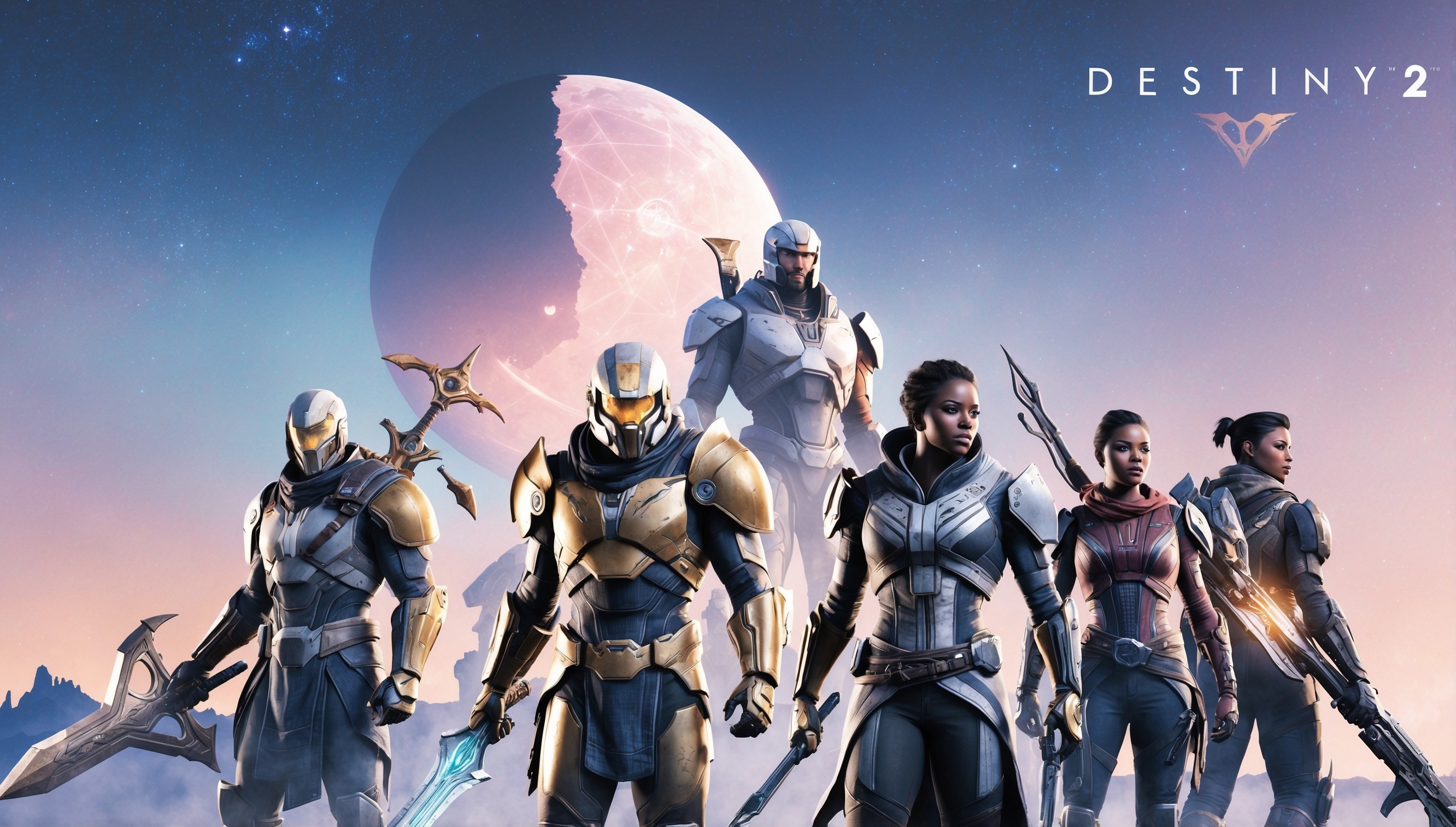 A detailed illustration of the Destiny 2 game universe, set against a vibrant, starry night sky with a subtle, gradient blue and purple hue, featuring the iconic Traveler, a massive, spherical entity, looming in the background, emitting a warm, ethereal glow. In the foreground, a group of Guardians, each with distinctive armor and weapons, stand poised, looking out into the distance, with expressions of determination and courage. The Guardians include a Titan with a rugged, angular helmet and a powerful, ornate sword; a Warlock with an elegant, curved staff and an aura of mystical energy; and a Hunter with a sleek, high-tech rifle and a confident, adventurous posture. The characters' faces are illuminated by the soft, golden light of their armor, revealing strong, defined facial features and a range of diverse skin tones. The overall style is a blend of sci-fi and fantasy elements, with bold lines, intricate details, and a sense of dynamic energy.