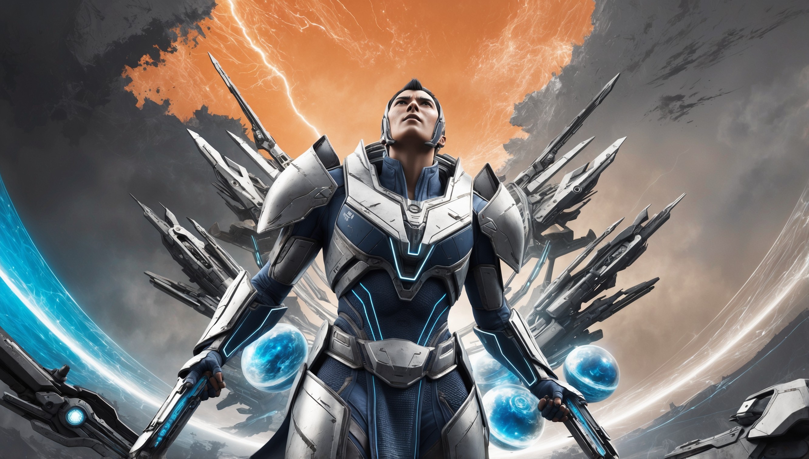 A futuristic, sci-fi landscape from the Destiny 2 game, set against a backdrop of a ravaged, orange-hued sky with ominous, dark grey clouds and a subtle, glowing aura. In the foreground, a heroic Guardian, clad in intricately detailed, silver and blue armor, stands triumphantly, gazing upwards, with a determined expression on their strong, angular face, surrounded by an array of sleek, high-tech weaponry and mystical, glowing orbs. The image blends vibrant, electric blues and oranges, with metallic silvers and dark greys, evoking a sense of epic, otherworldly conflict. The composition is dynamic, with bold lines and sweeping curves, placing the Guardian at the center of a swirling vortex of light and energy.