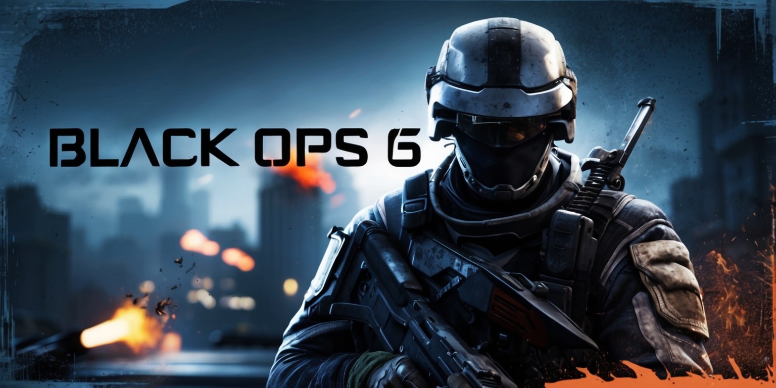 A gritty, high-contrast promotional poster for Black Ops 6, a futuristic first-person shooter game, featuring a mysterious, helmeted special operative in the foreground, with a blurred, war-torn cityscape at dusk in the background, illuminated by flashes of gunfire and explosions, with a subtle, metallic sheen to the overall design, incorporating deep blues and greys, with accents of fiery orange and red, to evoke a sense of tension and urgency, with the game's title 